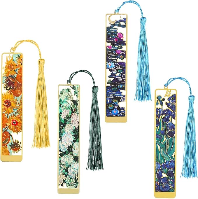 4 Pieces Floral Oil Painting Metal Bookmarks with Tassel,Elegant Book Markers for Readers,Vintage Style Reading Accessories,Gift Set for Book Lovers (4)