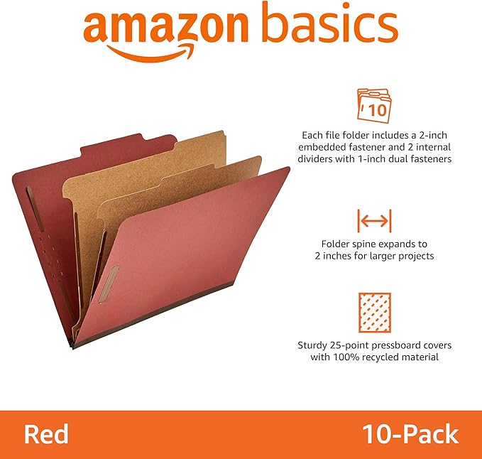 Amazon Basics Classification Folder with Prongs, Pressboard, 2 Dividers, 2-Inch Expansion, Letter Size, Red, Pack of 10, for Organizing Documents