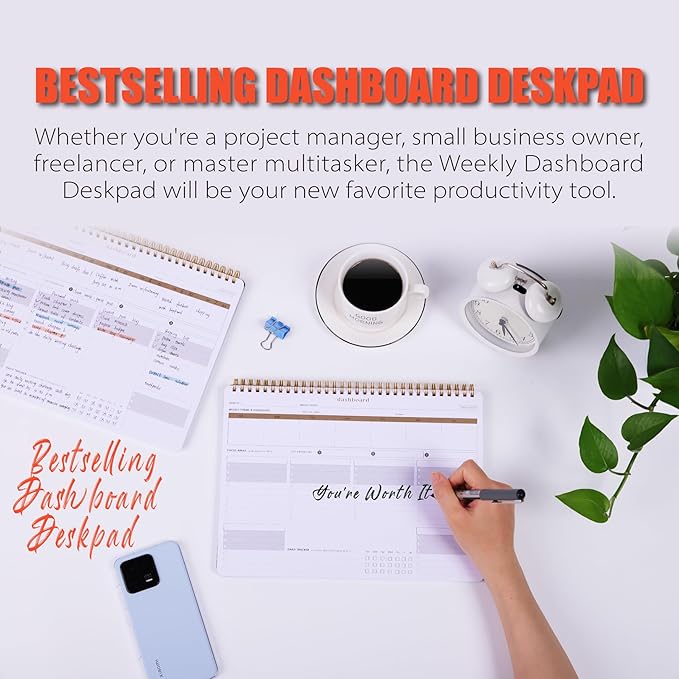 ZERONE CENTRE Productivity Weekly Planner - 54 Sheets Dashboard Spiral Deskpad Has 6 Focus Areas to List Tasks for Goals, Projects, Clients, Academic, or Shopping-Organize Your Daily Work Efficiently