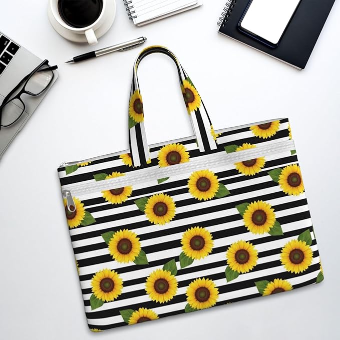Canvas Document Storage Pouch with Handle, Lightweight Zipper File Bag Orange Sunflower Stripes for Office Books and Folders