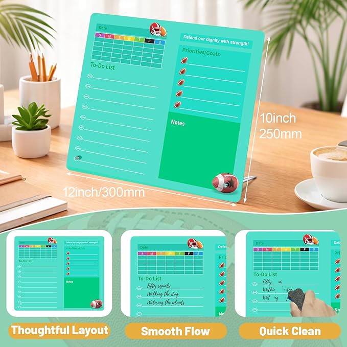 LeMotech Desktop Acrylic Dry Erase Board, 12x10 inches Weekly & to-Do List Planner, Tabletop Whiteboard with Stand, Office Supplies Includes 2 Markers & 1 Eraser, Green Football Pattern, 1 Pack