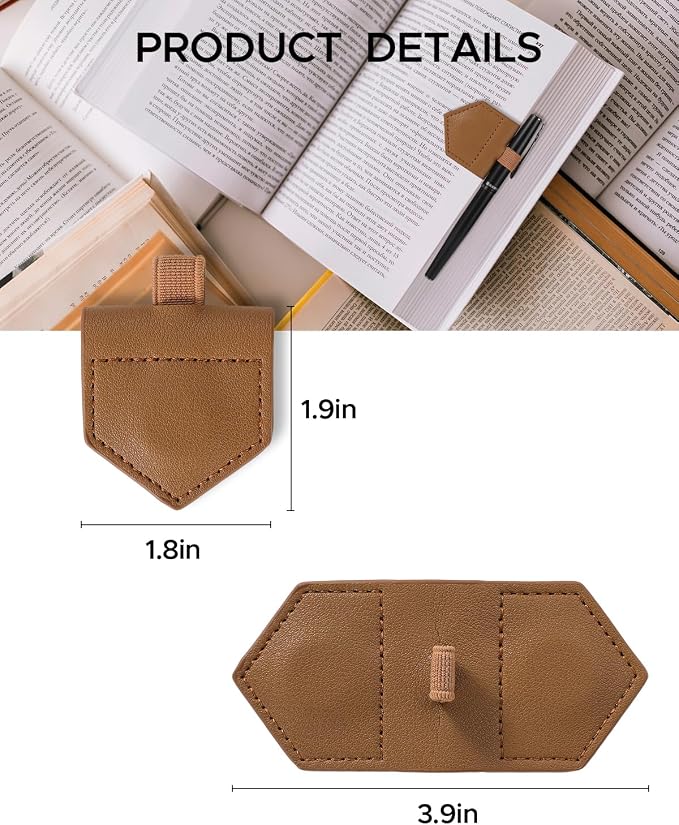 Magnetic Leather Bookmarks with Pen Holder Vegan Leather Book Marks Gifts for Reading Book Lovers Notebook Travelers (Brown-2PC)