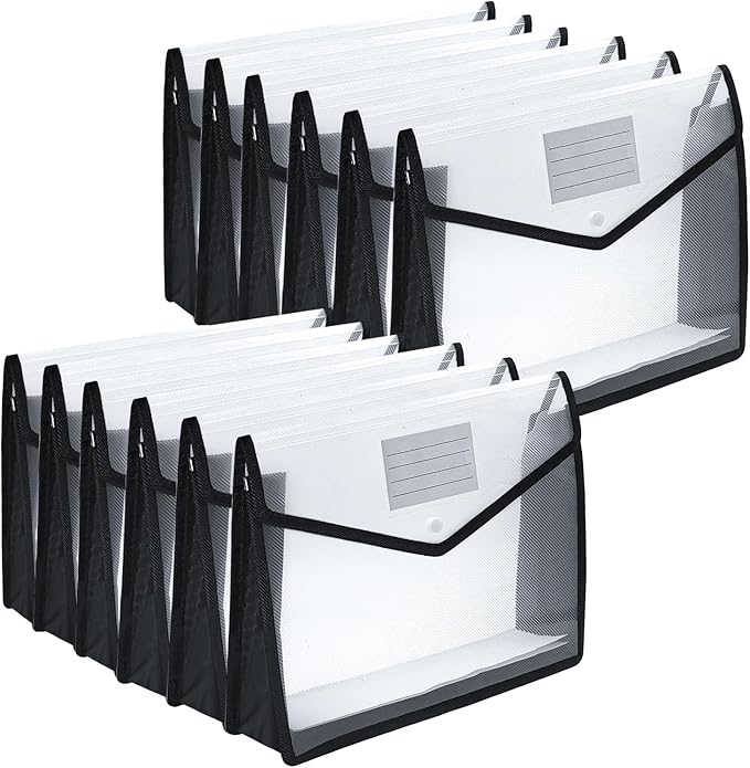 Plastic Expanding File Folder,Envelope Folders for Documents, File Folder Organizer Holder with Snap Closure,Waterproof Transparent File Folder,Large Capacity, Fit Letter/A4 Size (Black-12 Pack)