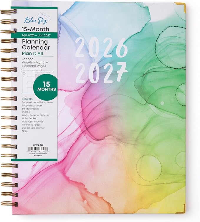 Blue Sky 15 Month 2026-2027 Weekly and Monthly Academic Year Planner Calendar, April 2026 - June 2027, 8.5" x 11", Hard Cover, Wirebound, Laminated Tabs, Storage Pocket, Includes Snap-in Ruler w/Sticky Notes & Sticker Sheet, Rainbow Ink