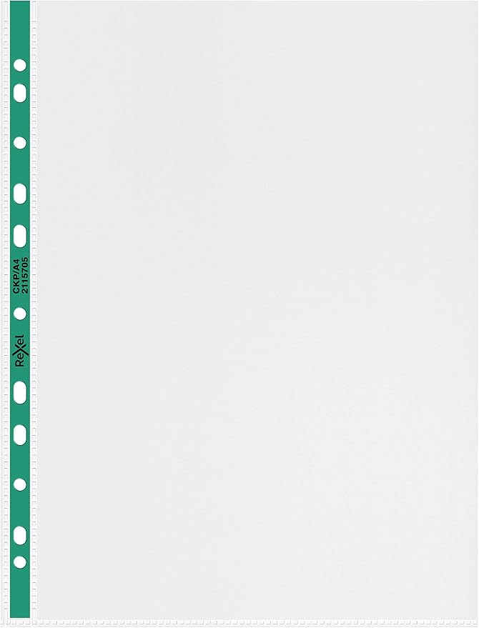 Rexel Copy King A4 Punched Pockets with Green Spine, Glass Clear, Copy Safe, Pack of 25, 2115705