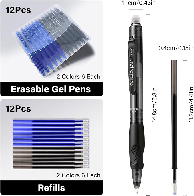 EUSOAR Erasable Gel Pens, 12-Pack Retractable Pens & Refills (6 Black, 6 Blue Each), Dry Erase Pen Make Mistakes Disappear for Office Planner Scheduling Appointments Sketching Note Taking