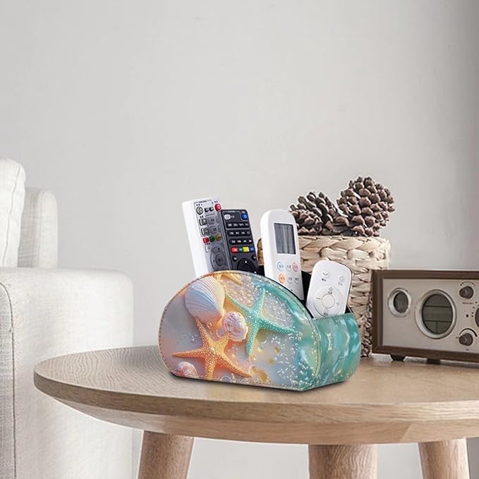 Forchrinse Teal Orange Starfish Remote Control Holder with 5 Compartments-Leather Remote Caddy Box Multi-use Desktop Storage Organizer for TV Remote Holders,Media Players