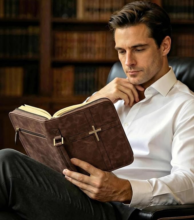 Vegan Leather Bible Bag with Zipper and Handle, Bible Cover Case Organizer for Standard Size Bibles and Accessories, Christian Gift for Men and Women (Brown)