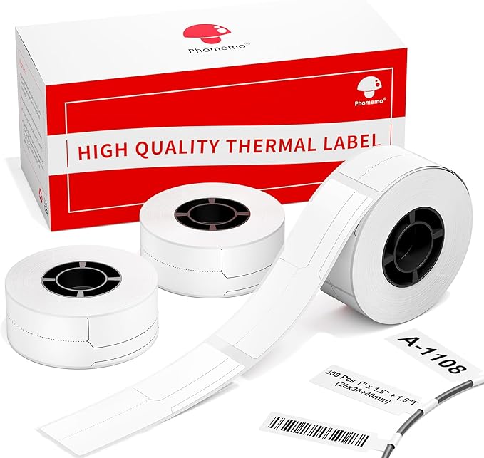 Phomemo Thermal Cable Labels M110-300 Pcs Wire Labels 1" x 1.5" + 1.6" T (25x38+40mm) for Phomemo M110/M100/M220/M260/M250/M221 Label Maker, for Management, Cord Tags for Electronics, Black on White