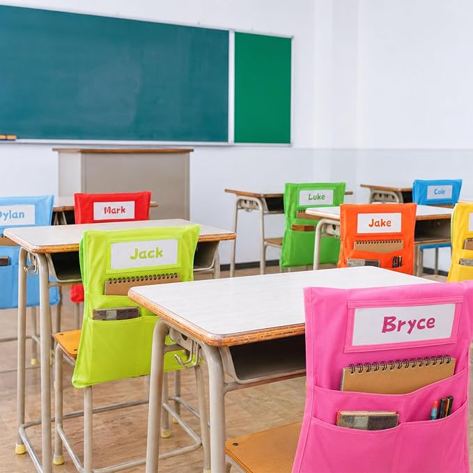 12pcs for Classroom 16.3x19.7inch Classroom Chair Pockets with Name Tag 3 Pockets Chair Organizer for Teacher Student School Office(Rainbow)
