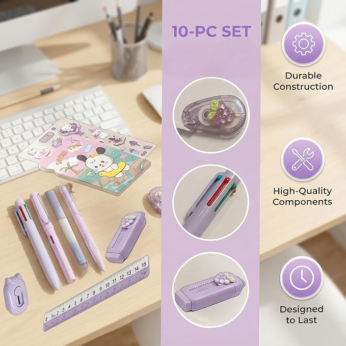 10 Pcs Cute Purple Kawaii Stationery Set - Cartoon Themed School Supplies Pack, Including Notebooks,Highlighters, Correction Tape, Ballpoint Pen. Suitable for Daily Study, Birthday and Party Favors.