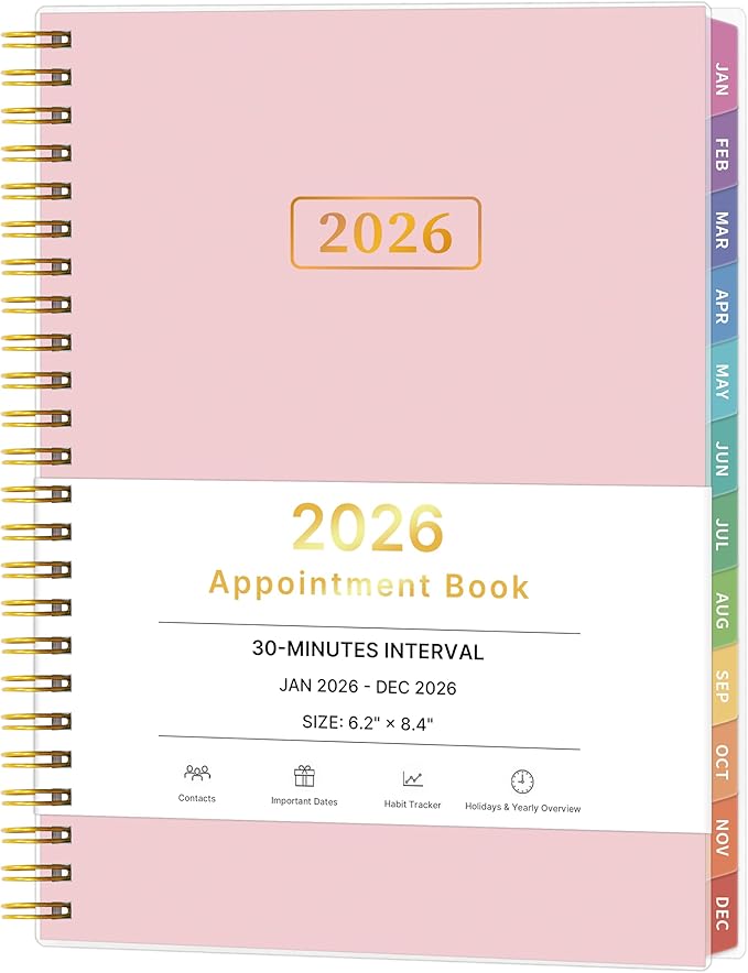 2026 Appointment Book, 30 Minutes-Hourly, Weekly ＆ Monthly Calendar Planner 2026, Jan 2026 - Dec 2026, 6.2'' x 8.4'', 2026 Daily Planner with Tabs ＆Pocket, Flexible Cover, Great for Office, Home, School