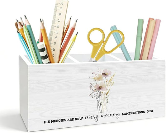 Christian Floral Pen Holder for Desk, Christian Gifts for Women, His Mercies Are New Every Morning Religious Wooden Box Pencil Pen Holder Organizer for Home Office Desk Accessories