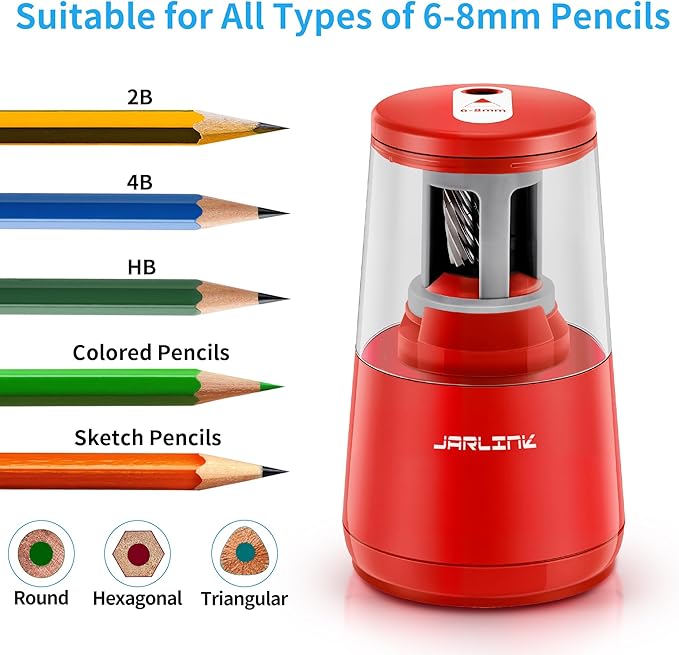 JARLINK Electric Pencil Sharpener, Heavy-Duty Helical Blade to Fast Sharpen, Auto Stop for No.2/Colored Pencils(6-8mm), AC Adapter/Battery Operated in School Classroom/Office/Home (Red)
