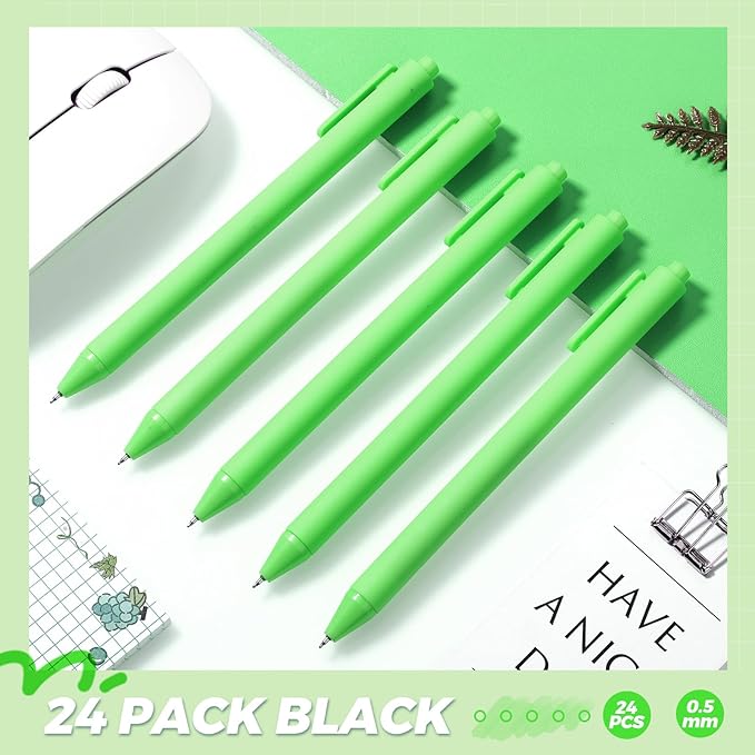 Cholemy 24 Pack Retractable Pens Bulk Pastel Gel Ink Pens 0.5mm Fine Point Tip Black Ink with Grip Smooth Writing for Journaling Note Taking School Supplies(Green)