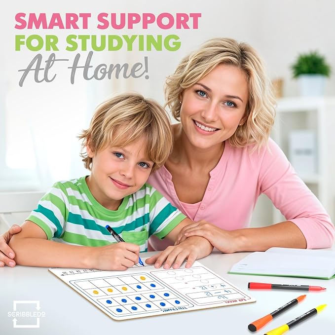 SCRIBBLEDO Bar Model, Ten Frame & Number Line 9x12 Double-Sided Dry Erase Math Manipulatives Board 1–120 Number Chart Reusable Whiteboard for Teacher Classroom Homeschool & Early Math Practice