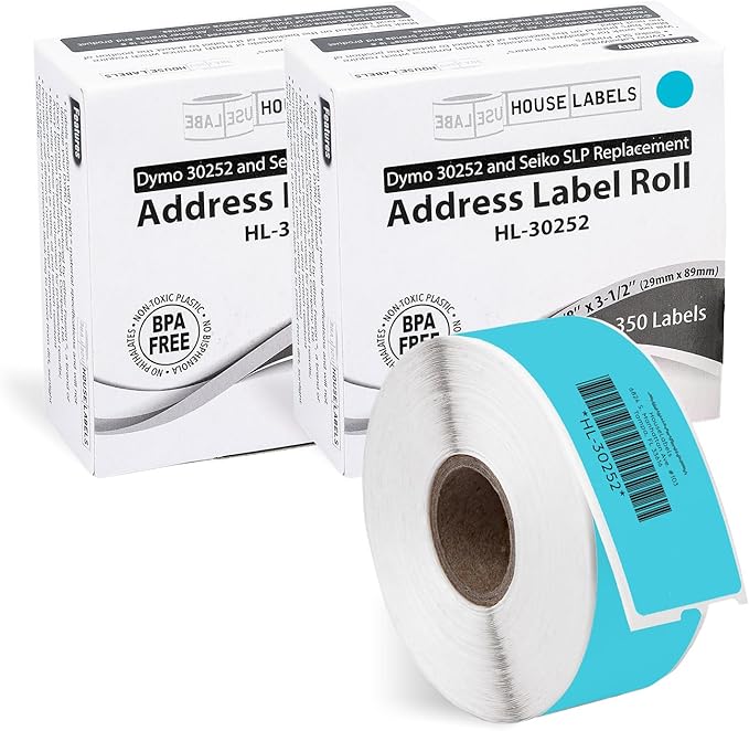 HOUSELABELS Compatible DYMO 30252 Blue Address Labels (1-1/8" x 3-1/2"), Strong Permanent Adhesive, Compatible with DYMO LW 450, 4XL, Rollo & Zebra Desktop Printers, 2 Rolls /700 Labels