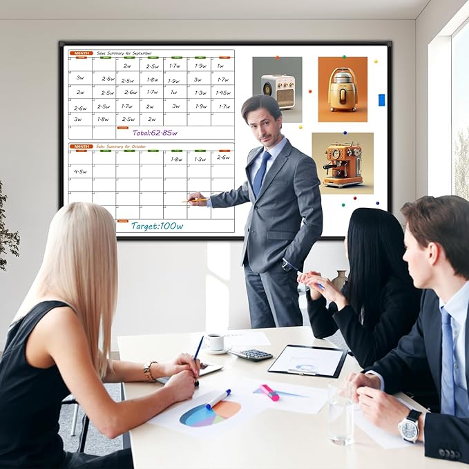 Large Magnetic Dry Erase Calendar Whiteboard Combo 72" x 40", 2 Month Whiteboard Calendar & Dry Erase Board for Wall, Wall Mounted Board with 2 Erase, 10 Marker, 12 Magnet