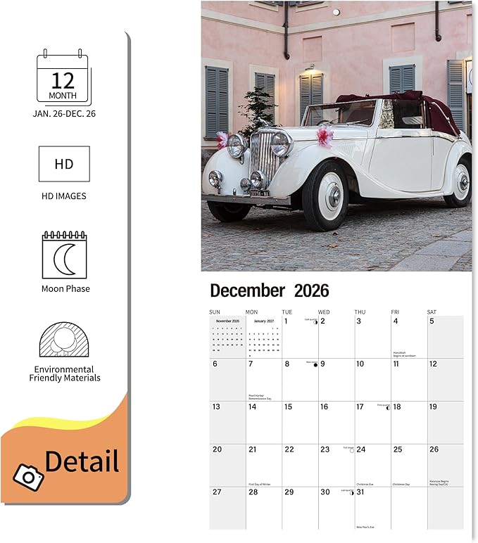 2026 Wall Calendar Planner Calendar - Classic Car Hangable Monthly Wall Calendar with Large Blocks for Organizing & Planning, Academic Schedule, Home, Office & Family, Thick & Sturdy Paper