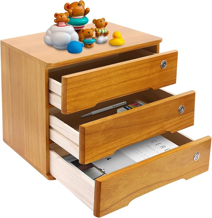 Wooden Desktop Storage Box with Lockable Drawers, Flat File Cabinet Drawer Desktop Storage Box, Countertop Storage Cabinet for Office Home Toiletries Supplies Vanity (Wood yellow, 3 Drawer)