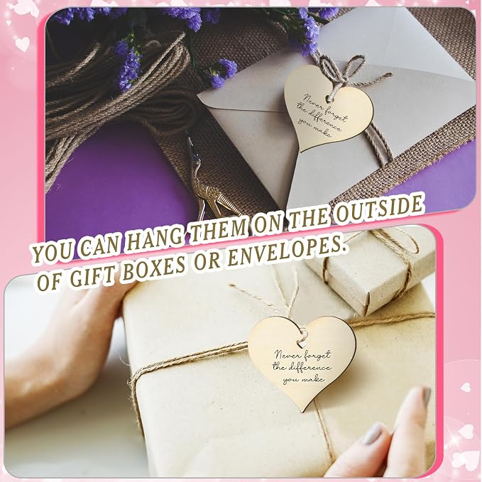 48 Pcs Employee Appreciation Tokens Gifts Bulk Never Forget the Difference You Make Wooden Bookmarks Thank You Tokens Keepsake Craft for Staff Teacher Xmas Party Favors(Heart)