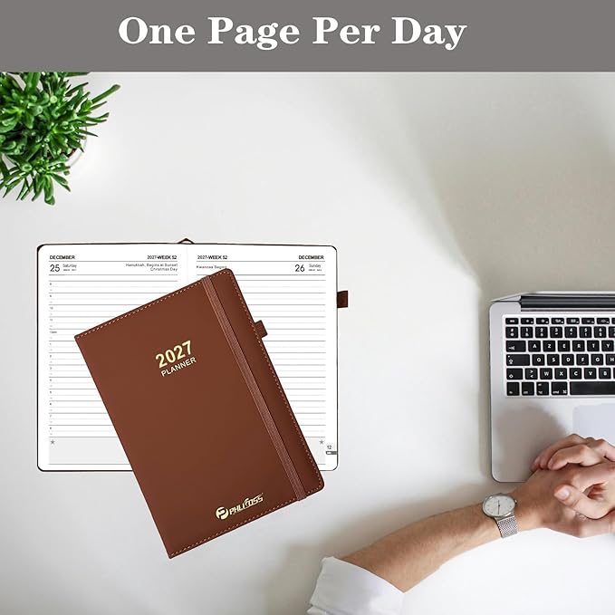 Daily Planner 2027 / Appointment Book, One Page Per Day, Jan - Dec 2027, Annual Daily Monthly Calendar Planner with Hourly Schedule and Monthly Tabs, 5.7" x 8.3" Agenda (Brown)