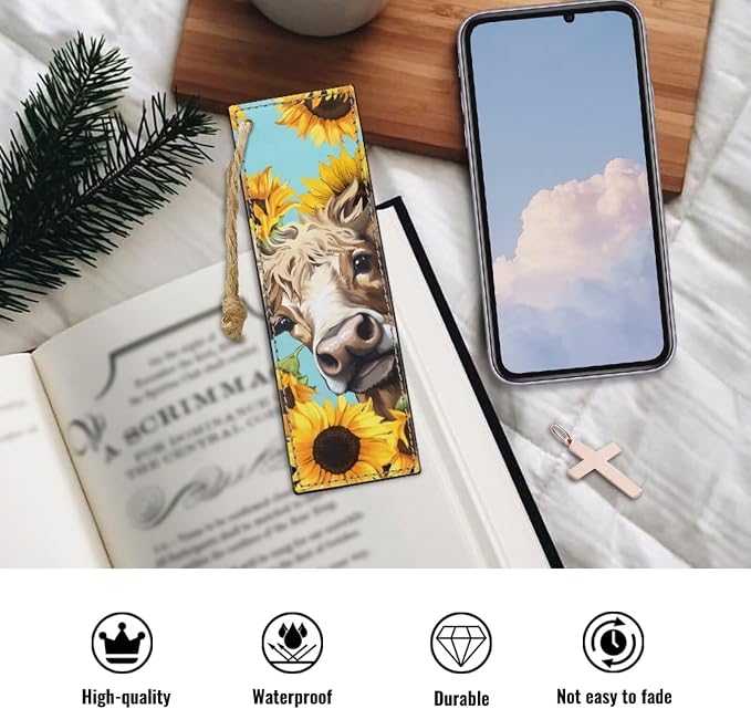 2 Pack Leather Cow Sunflower Bookmark Bookmarks for Teachers, Students, Book Lovers Pocket Kitten Fun Book Marks for Reading Cool Bookmarks, Adults Kids