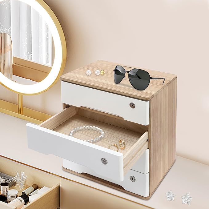 Lockable Desk Organizer Wooden Desktop Drawers Office Flat Files Storage Box Locking Countertop Storage Cabinet (Wood Color + White, 4-Tier)