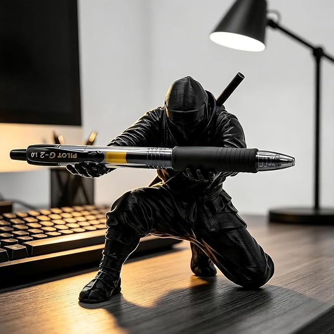 Ninja Warrior Pen Holder, 3D Printed Desk Organizer Stand with Sword and Weapon Accessories, Black, Set of 2