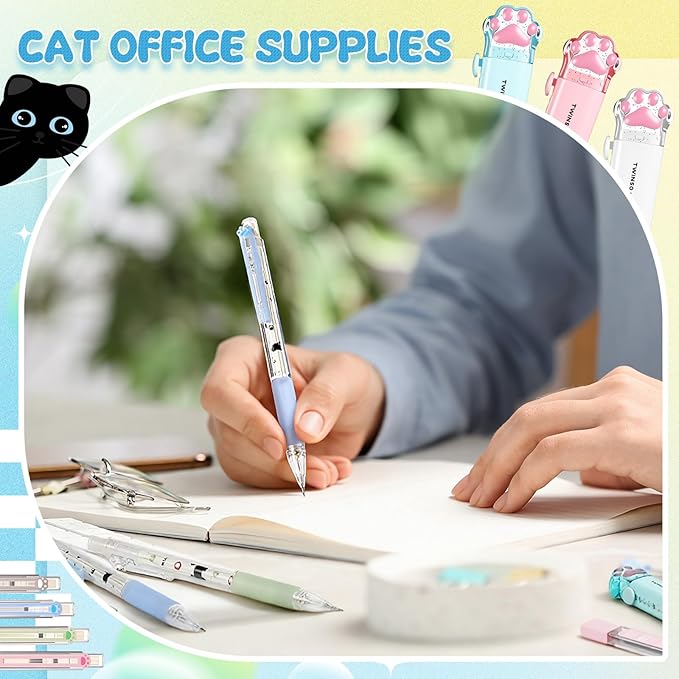 11 Pcs Black Cat Mechanical Pencil Set, 4 Mechanical Pencils 0.5mm, with 4 2B Lead Refills and 3/5 Erasers Christmas Stocking Stuffers for Women Cats Lovers Gifts (Cat)