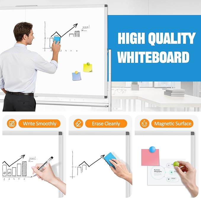 Large Rolling Whiteboard Dry Erase, 72" x 40" Double-Sided Mobile White Board with Stand, Giant Magnetic Dry Erase Board on Wheels for Office, Home & School