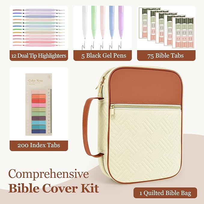 Ndsox Bible Cover Case with Handle for Women, Quilted Fabric & Vegan Leather Carrying Book Case Church Bag Bible Study Supplies Accessories Christian Gifts for Mother Lady Women Men, Brown & Apricot