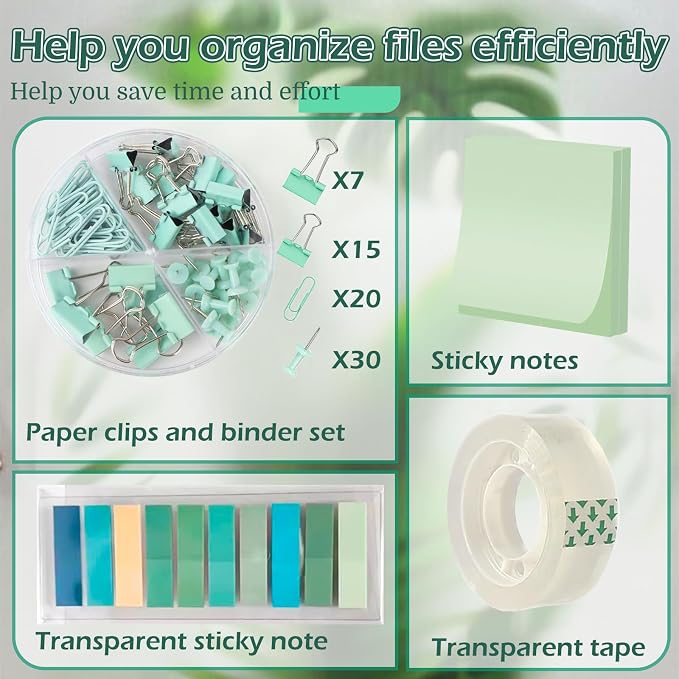 Sage Green Desk Accessories Office Supplies Set, Pen Holder, Stapler, Tape Dispenser, Notebook, Scissor, Sticky Notes, Binder Clips, Desk Organizers (Green)