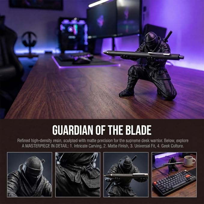 Ninja Pen Holder for Desk - Cool Samurai Figurine Pencil Stand & Office Decor, Gifts for Men