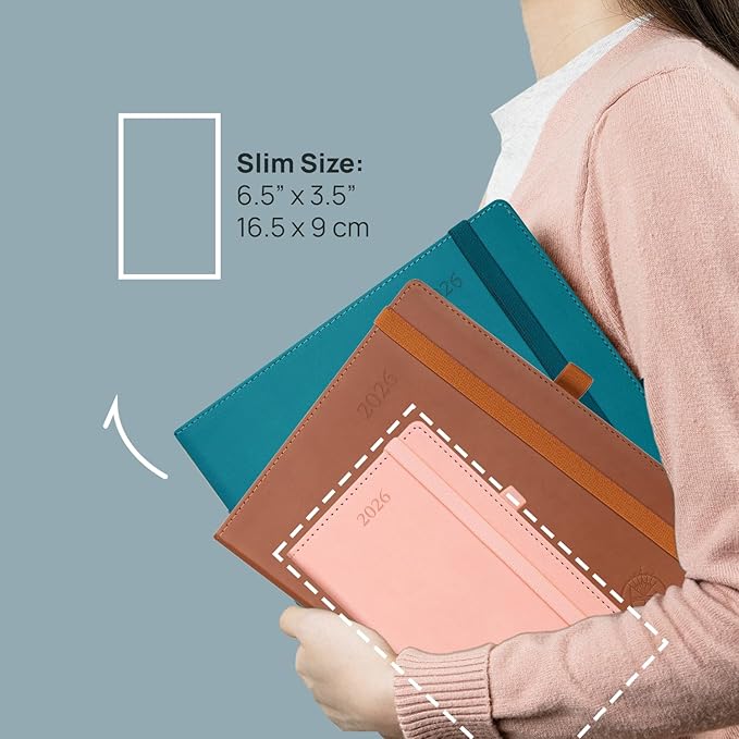 POPRUN Pocket Calendar 2026 (Slim Size-3.5'' x 6.5''), 12 Months (Jan. - Dec. 2026) Small Planner Weekly and Monthly for Purse with Pen Holder, Storage Pocket, Vegan Leather Hardcover - Pacific Green