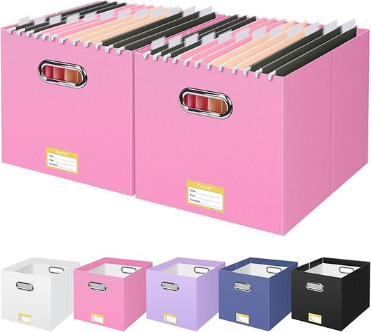 BALEINE File Organizer Box, Cardboard File Folder Organizer with Handle for Letter Size, Portable Collapsible Hanging Filing Box for Home Office Document Storage (2 Pack, Large Pink)