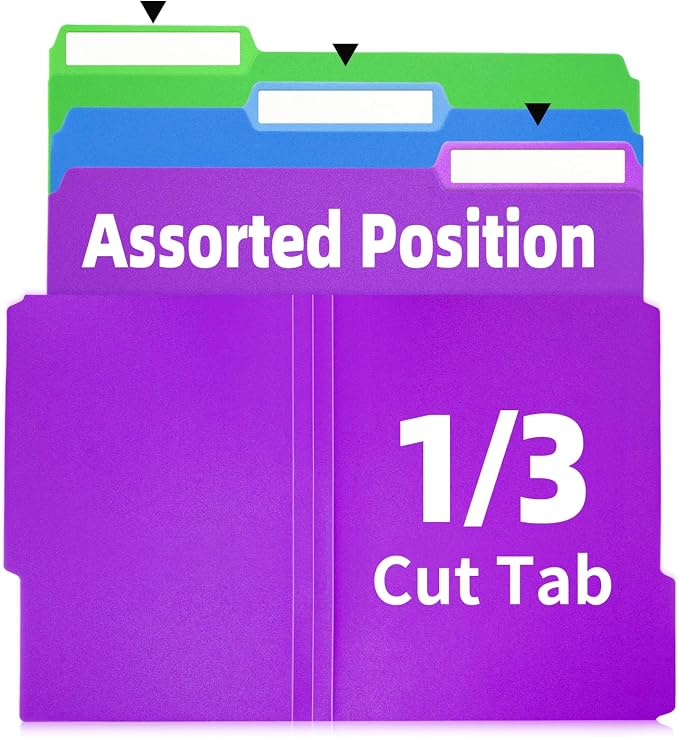 Color Folders 8.5 x 11 Inch, 1/3 Cut Tab File Folders Letter Size with Labels, Assorted Colors School Business Office Folders for Document