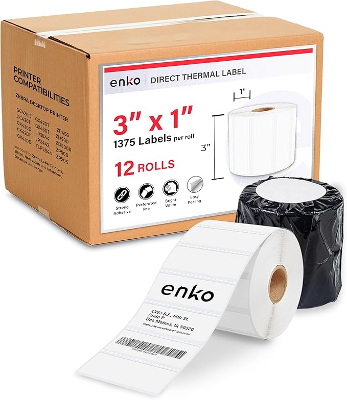 enKo (12 Rolls, 16,500 Labels) 3 x 1 inches Direct Thermal Labels for FBA Stickers, FNSKU Labels for Zebra Thermal Printers