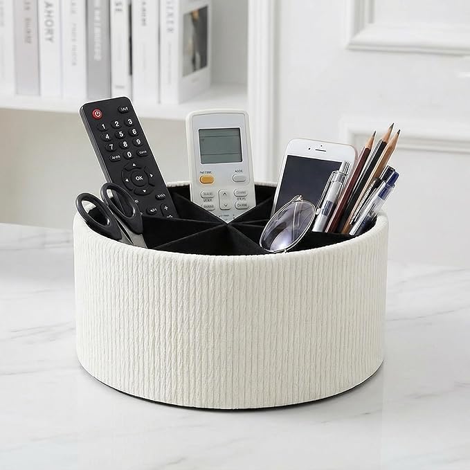 Remote Control Holder, 360°Spinning PU Leather Desk TV Remote Caddy,Desk Storage Box Room Accessories for Controller, Media,Mail,Calculator, Mobile Phone,Pencil(1-Big Wood Beige)