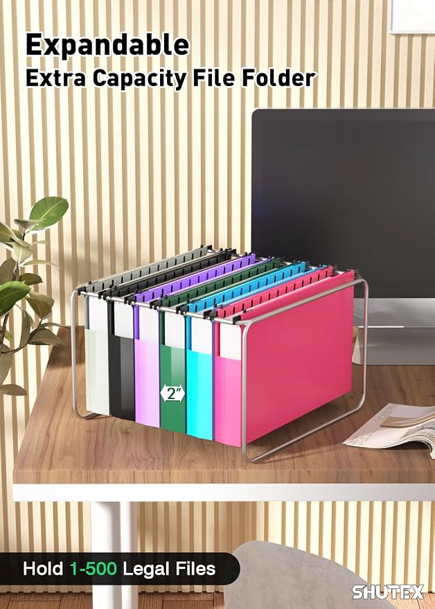 SHUTEX Extra Capacity Legal Size Hanging File Folders,12 Pack Reinforced Plastic Hanging Folder, Heavy Duty 2 Inch Expansion, Filing Cabinet Folders for Bulky Files, Medical Charts, Colorful