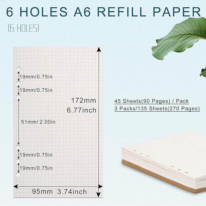 A6 Refill Paper, [3 Pack] Toplive 100GSM Thick Refillable Paper 6 Hole Filler Inserts Loose Leaf Paper 135 Sheets (270 Pages) for 6 Ring Binder Journal Notebook-Squared Paper
