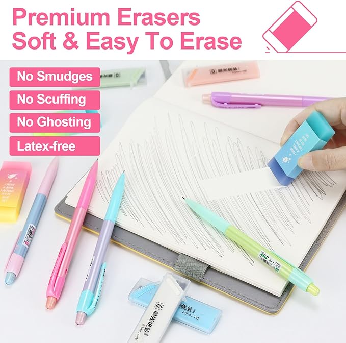 Buqoo Mechanical Pencil Set, 5PCS 0.5mm Cute Pastel Mechanical Pencils, 3 Candy Jelly Gradient Eraser with 80PCS HB 0.5 Lead Refill and Zipper Bag Pencil Kit for Art, Drawing Pencils for Sketching