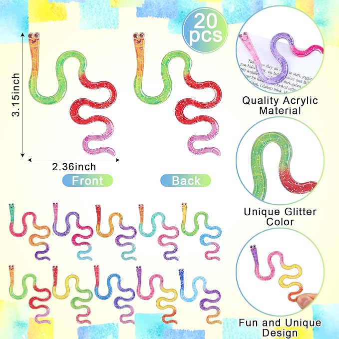 Resurhang 20 Pcs Worm Acrylic Bookmark 10 Design Cute Paperclip Glitter Gummy Worm Funny Bookmark Gift Idea for Reading Book Lover Teacher Student School Classroom Office Library Read Supply (Novelty)
