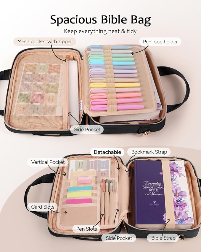 BellaHold Bible Cover Case for Women, Large Bible Bag with Study Supplies, Bible Journaling Kit with Highlighters and Pens No Bleed, Christian Gift for Women (Shoulder Strap, Black)