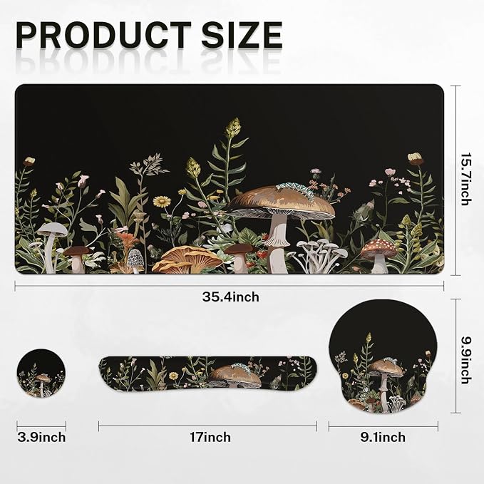 Britimes Black Mushroom Floral Keyboard Mouse Pad Set Plant Flower 4in1 Large Mousepad+Keyboard Wrist Rest+Mouse Wrist Rest+Coaster Ergonomic Design for Home Office Computer 35.4x15.7 inches