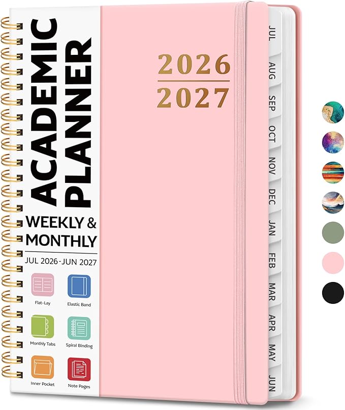 Academic Planner 2026-2027, Weekly and Monthly Calendar Planner Book, July 2026 – June 2027, Hardcover Organizer with Tabs, Perfect for Teachers, Students, Women & Men, A5 (6.4" x 8.5") - Pink