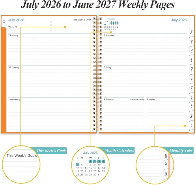 2026-2027 Planner - Planner 2026-2027 from July 2026 to June 2027 with 12 Monthly Tabs, Flexible Cover, Inner Pocket, 8.5" x 11", Orange-C