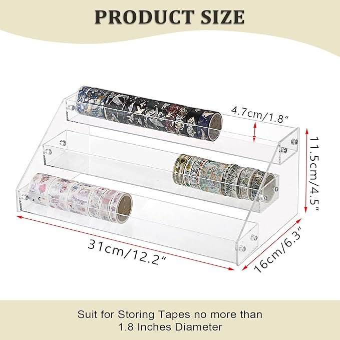 BTSKY 3 Tier Washi Tape Organizer - Clear Plastic Washi Tape Storage Rack, Assembly Washi Tape Storage Holder Washi Tape Dispenser Desk Accessories Display Caddy for Scrapbooking Art Craft Supplies