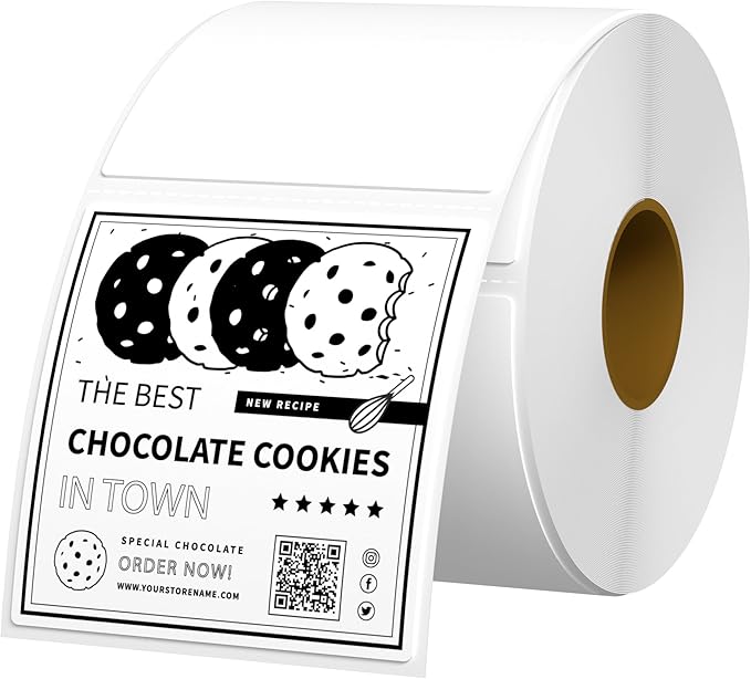 2x2 Thermal Labels Square Direct Thermal Sticker Labels with Perforated Line, 500 Sheets/1 Roll, White, for QR Code, Baking, Product Logo, Business