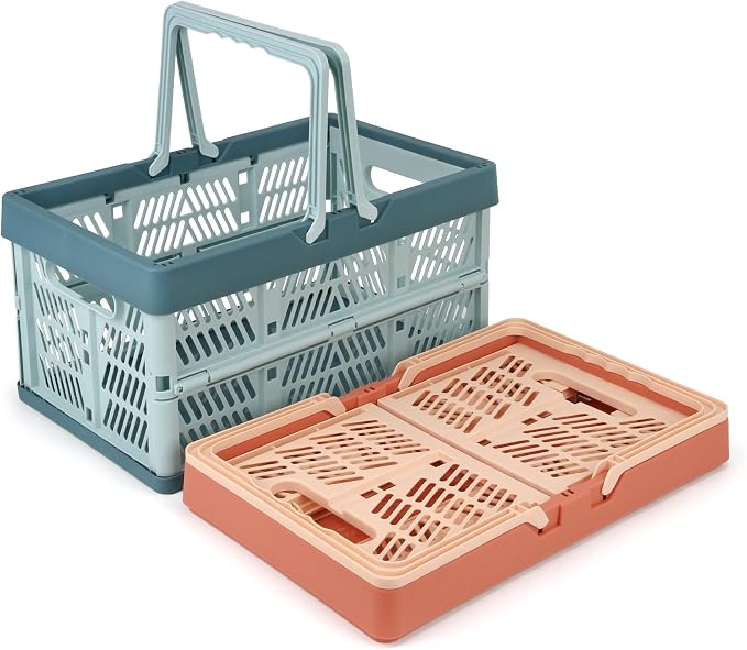 Domiella 2-Pack Foldable Storage Baskets, Collapsible PP Crates with Handles - 20L Capacity, Strong and Portable for Home Organization, Picnic and Shopping, Blue + Pink